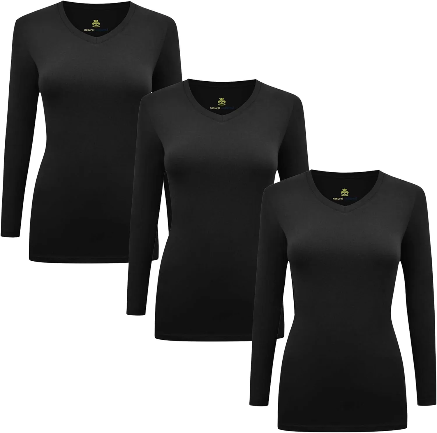 Natural Uniforms Women's Under Scrub Tee V-Neck Long Sleeve T-Shirt-3-Pack