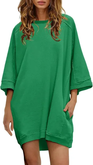 Nirovien Women's Oversized Sweatshirt Dress 3/4 Sleeve Crewneck Tunic Sweatshirts Casual Long Pullover with Pockets