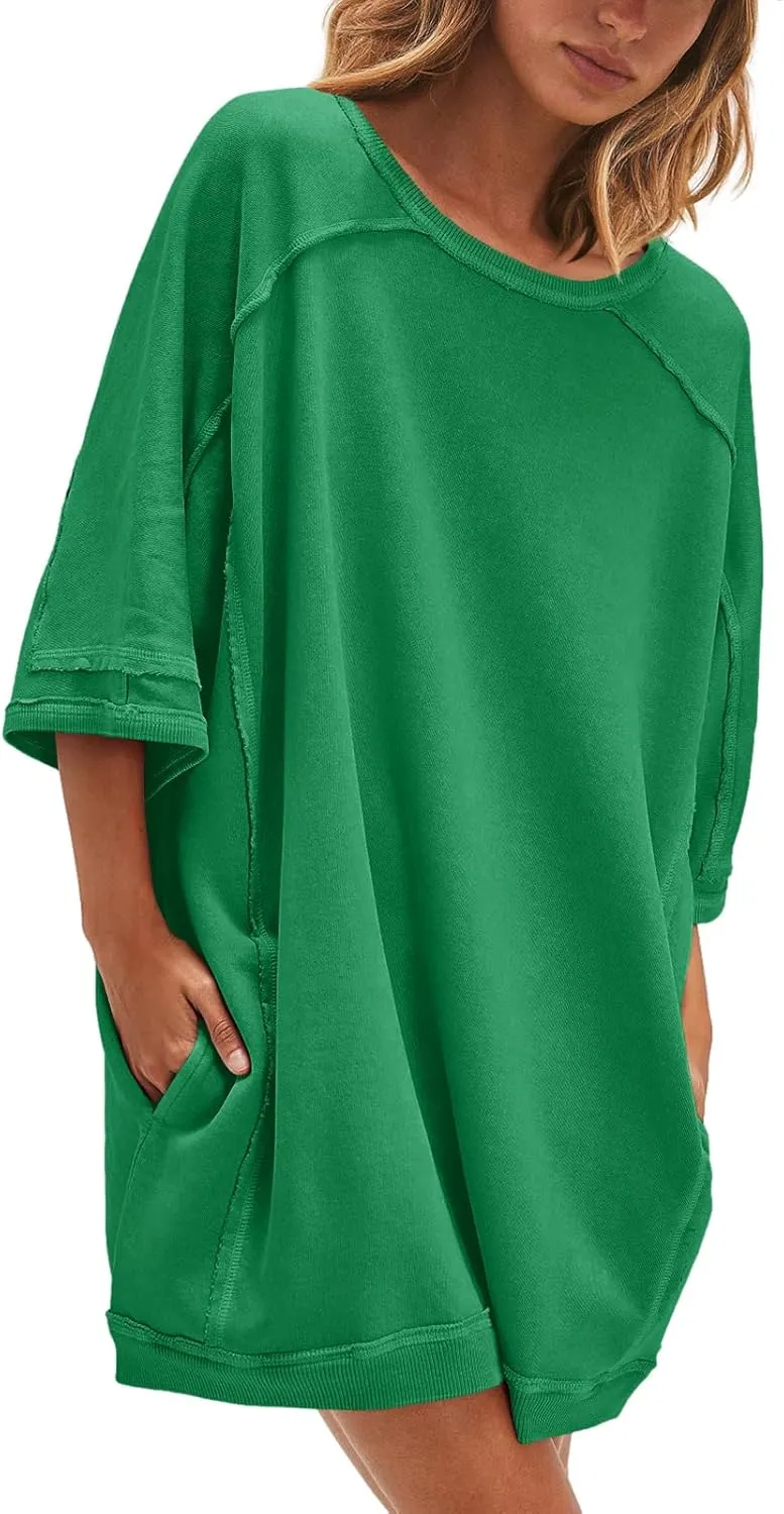 Nirovien Women's Oversized Sweatshirt Dress 3/4 Sleeve Crewneck Tunic Sweatshirts Casual Long Pullover with Pockets