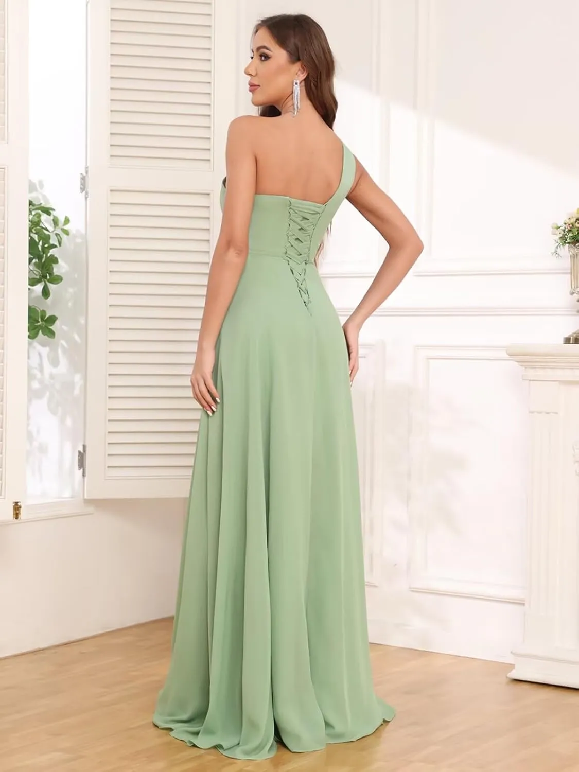 One Shoulder Chiffon Bridesmaid Dresses 2025 A-Line Ruffle Pleated Sleeveless Formal Prom Evening Gown with Slit
