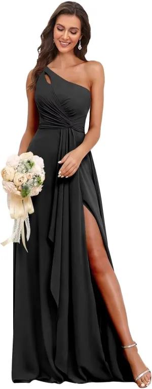 One Shoulder Chiffon Bridesmaid Dresses 2025 A-Line Ruffle Pleated Sleeveless Formal Prom Evening Gown with Slit