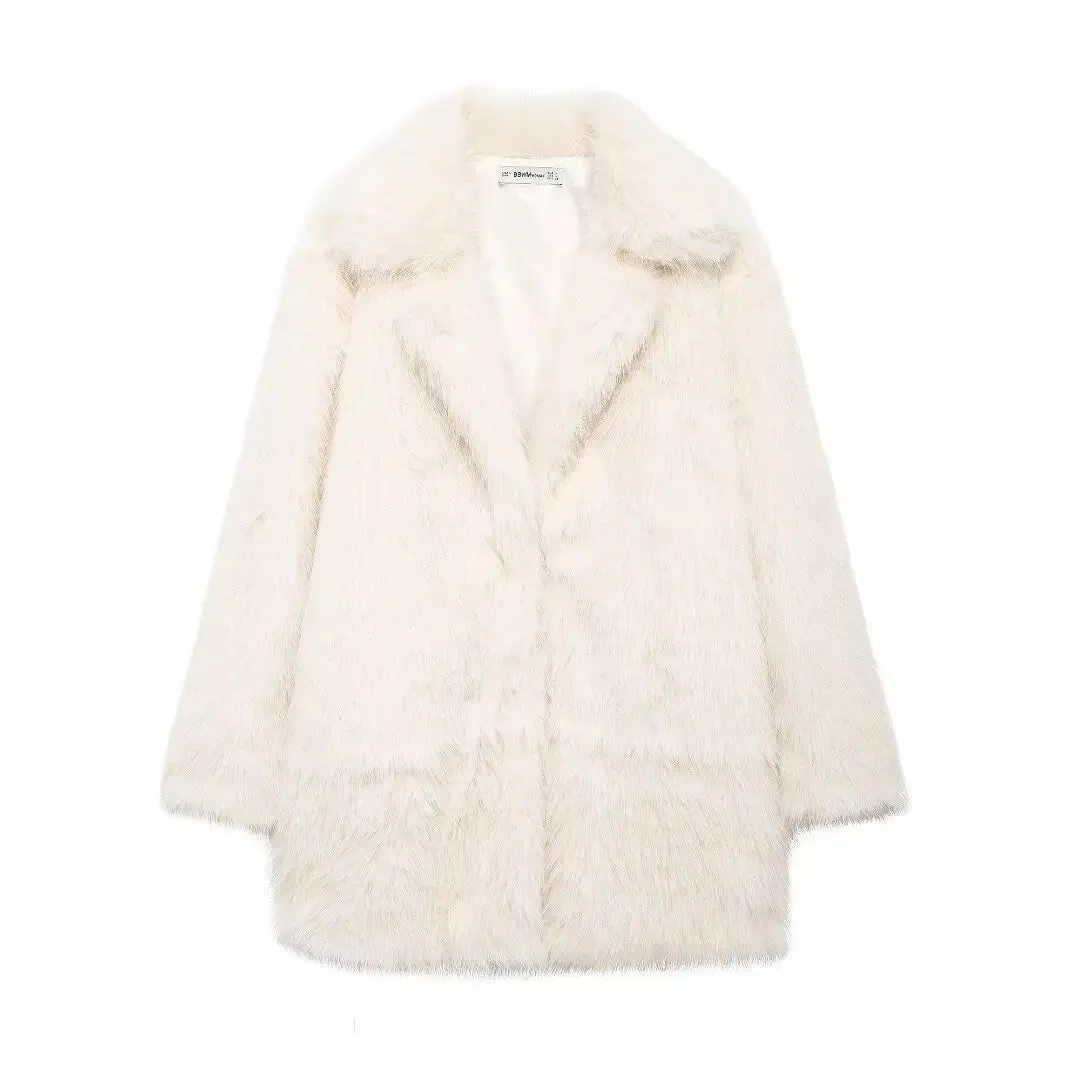 ONKOGENE 2024 Herbst Winter Casual Pelz Übergroßen Lange Jacken Frauen V-ausschnitt Langarm Taschen Mode Dicke Faux Pelz Mäntel