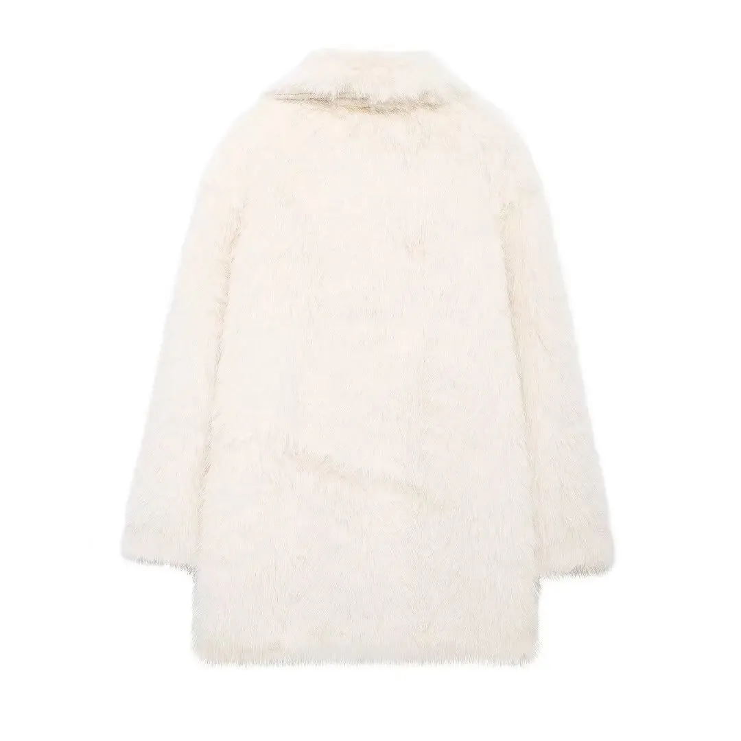 ONKOGENE 2024 Herbst Winter Casual Pelz Übergroßen Lange Jacken Frauen V-ausschnitt Langarm Taschen Mode Dicke Faux Pelz Mäntel