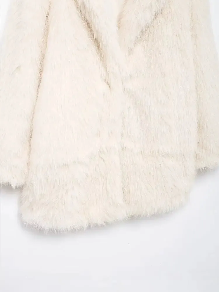 ONKOGENE 2024 Herbst Winter Casual Pelz Übergroßen Lange Jacken Frauen V-ausschnitt Langarm Taschen Mode Dicke Faux Pelz Mäntel