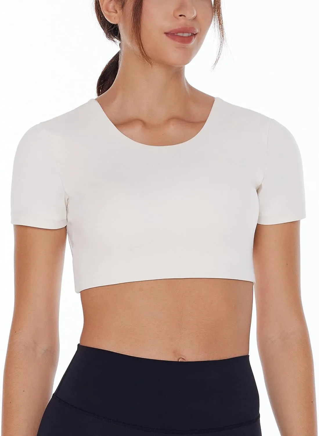 Open Back Workout Crop Tops for Women Backless Yoga Shirts Gym Short Sleeve Mild Support Compression Tee with Bra