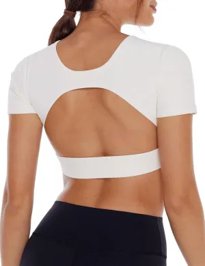 Open Back Workout Crop Tops for Women Backless Yoga Shirts Gym Short Sleeve Mild Support Compression Tee with Bra