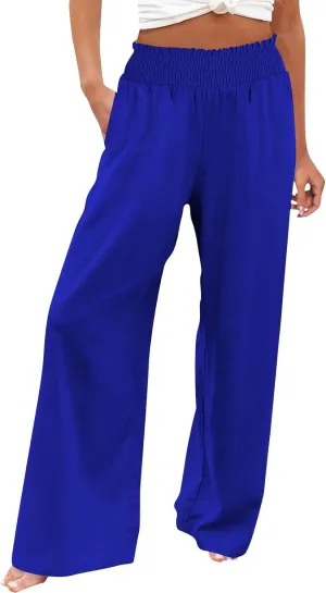 Palazzo Pants for Women Womens Linen Pant Elastic High Waist Drawstring Cotton Wide Leg Trousers with Pocket