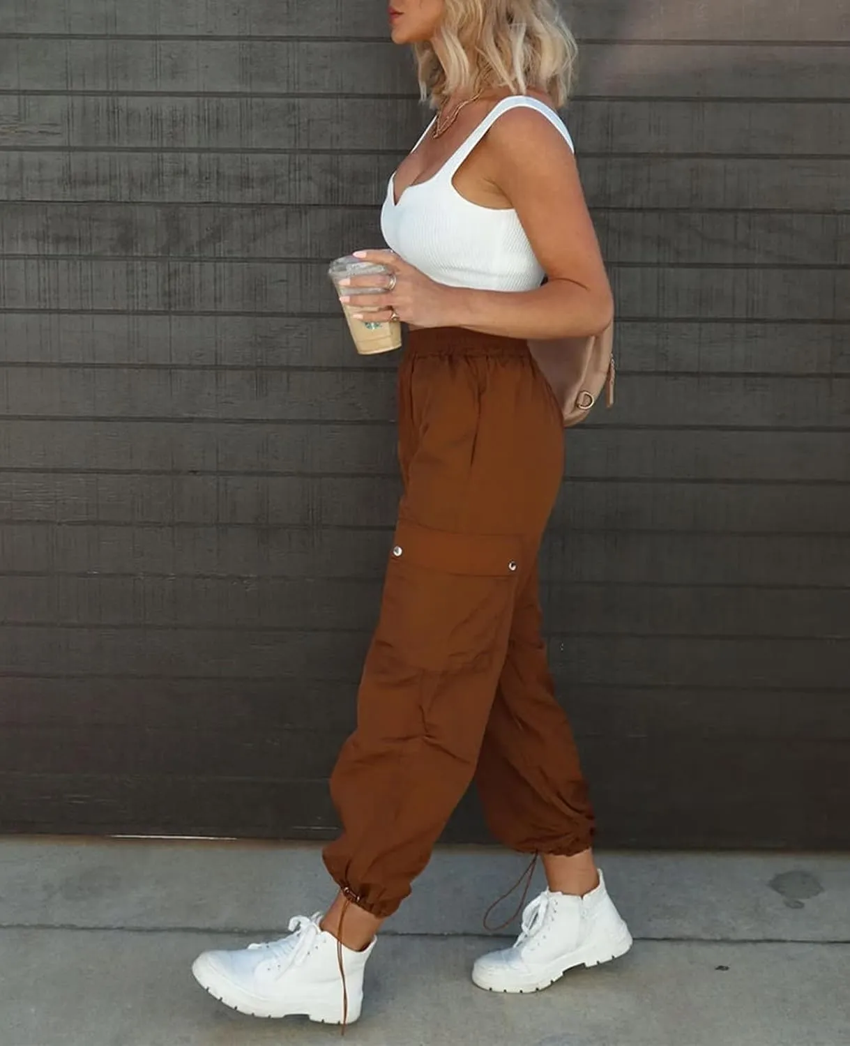 Parachute Pants for Women, Elastic High Waist Y2k Cargo Pants Women Baggy with 4 Pockets