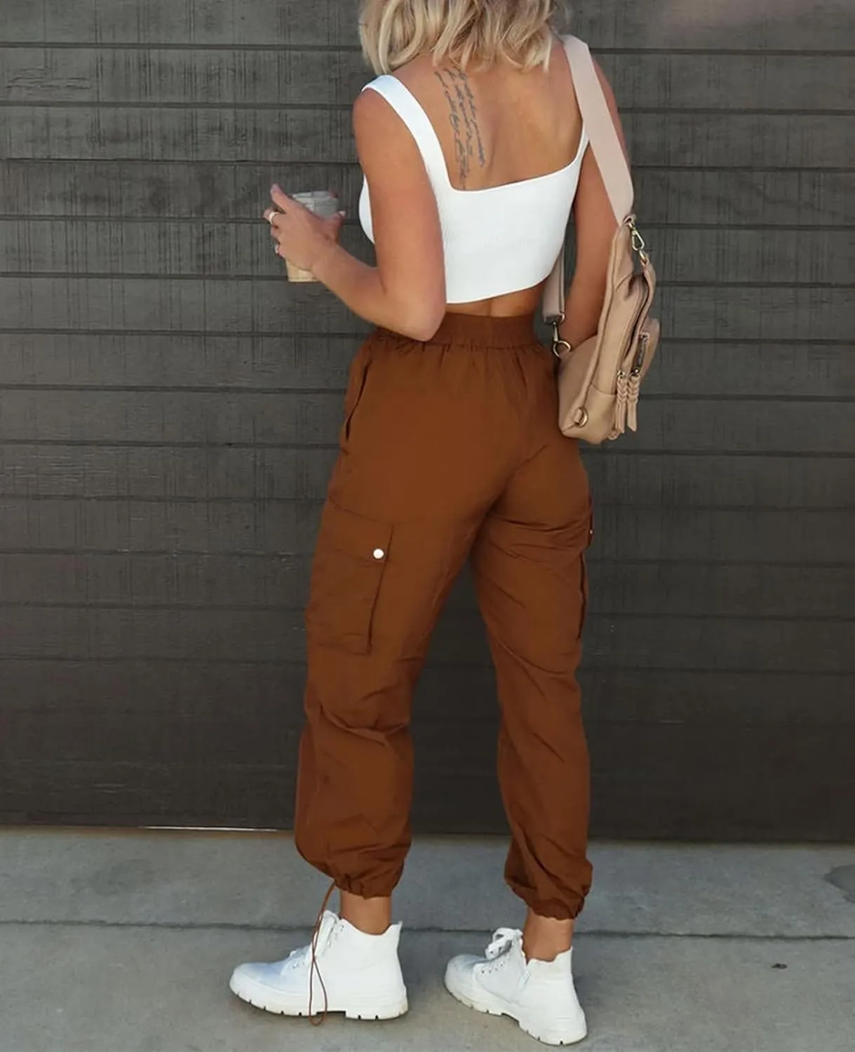 Parachute Pants for Women, Elastic High Waist Y2k Cargo Pants Women Baggy with 4 Pockets
