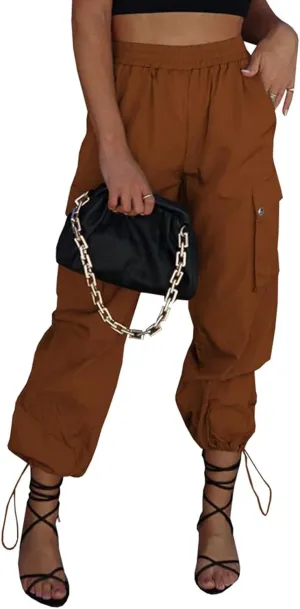 Parachute Pants for Women, Elastic High Waist Y2k Cargo Pants Women Baggy with 4 Pockets