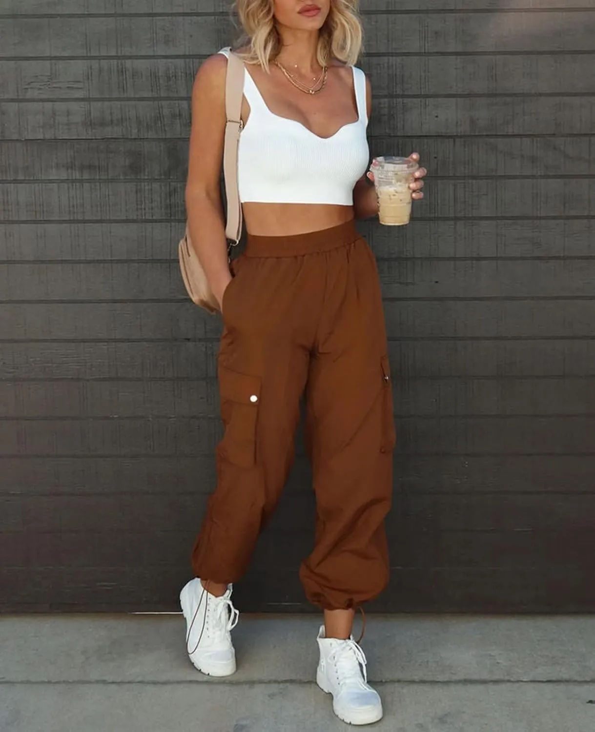 Parachute Pants for Women, Elastic High Waist Y2k Cargo Pants Women Baggy with 4 Pockets