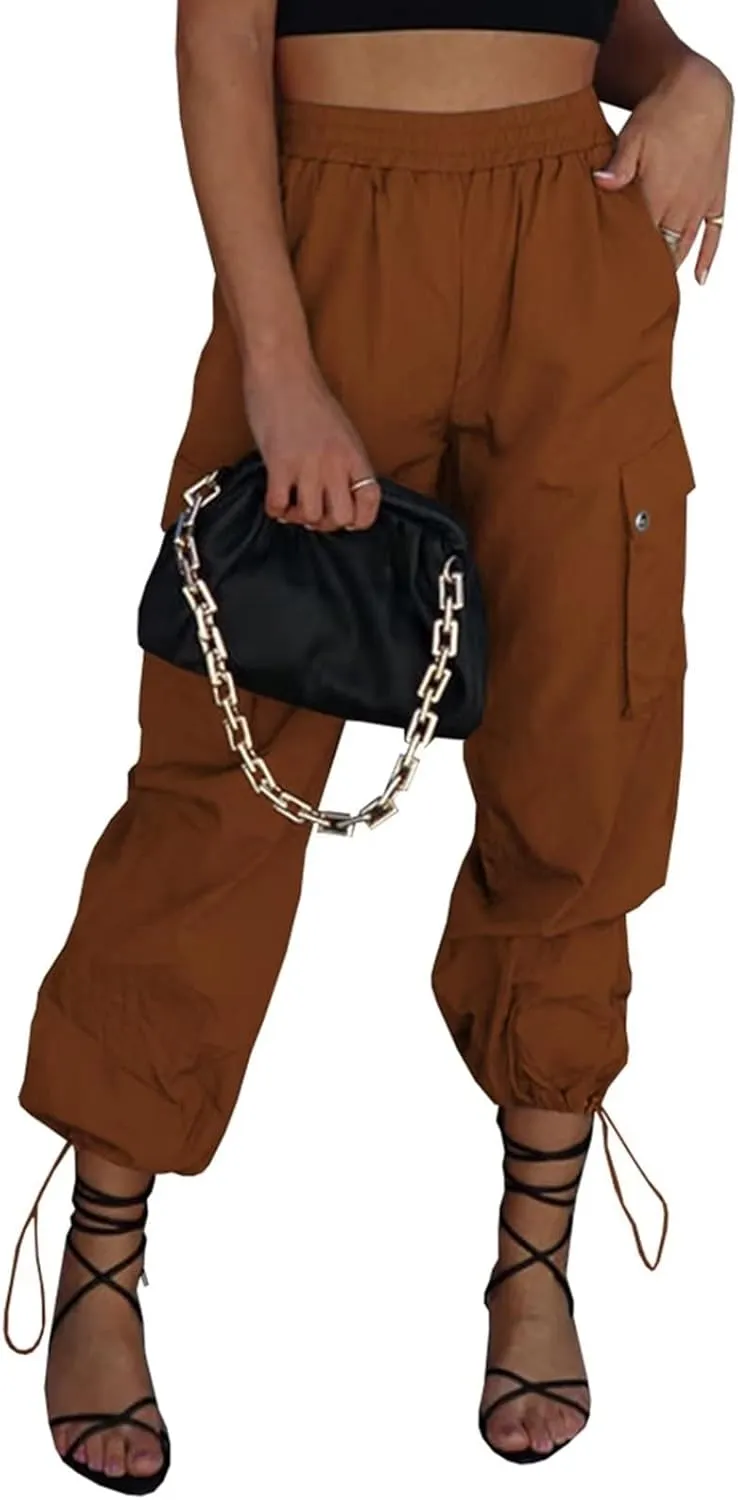 Parachute Pants for Women, Elastic High Waist Y2k Cargo Pants Women Baggy with 4 Pockets