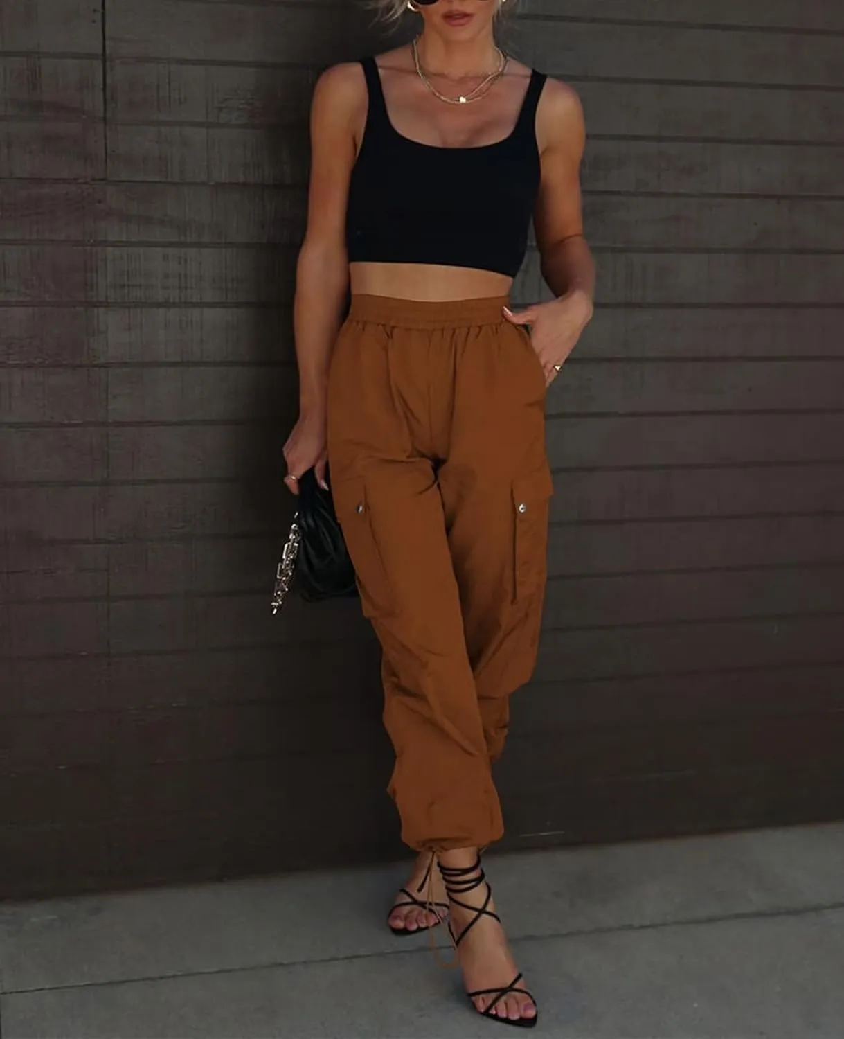 Parachute Pants for Women, Elastic High Waist Y2k Cargo Pants Women Baggy with 4 Pockets
