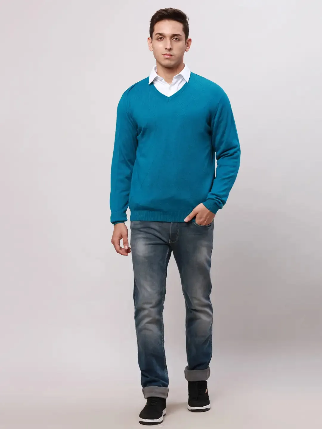 Park Avenue Men Petrol Regular Fit Solid Cotton Full Sleeve V Neck Collar Pullovers