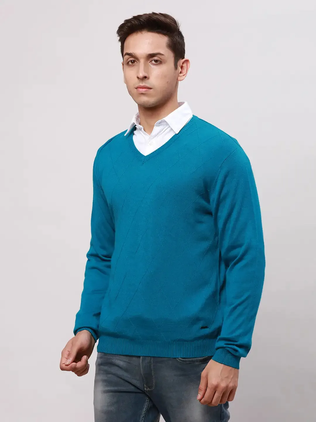 Park Avenue Men Petrol Regular Fit Solid Cotton Full Sleeve V Neck Collar Pullovers