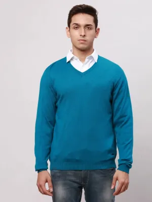 Park Avenue Men Petrol Regular Fit Solid Cotton Full Sleeve V Neck Collar Pullovers