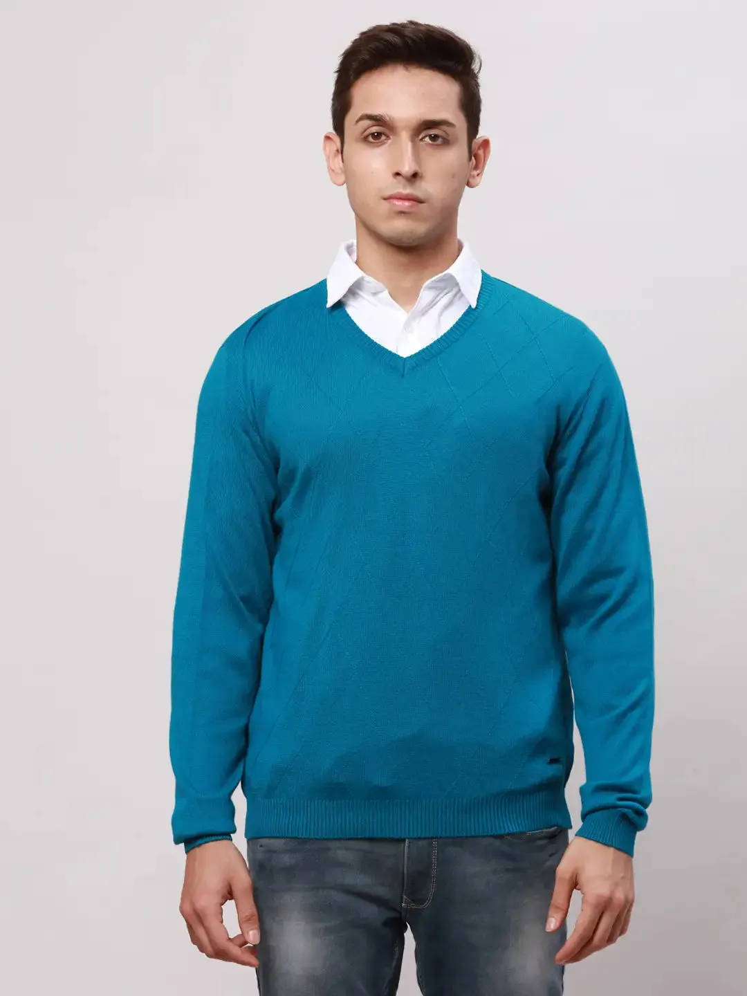 Park Avenue Men Petrol Regular Fit Solid Cotton Full Sleeve V Neck Collar Pullovers