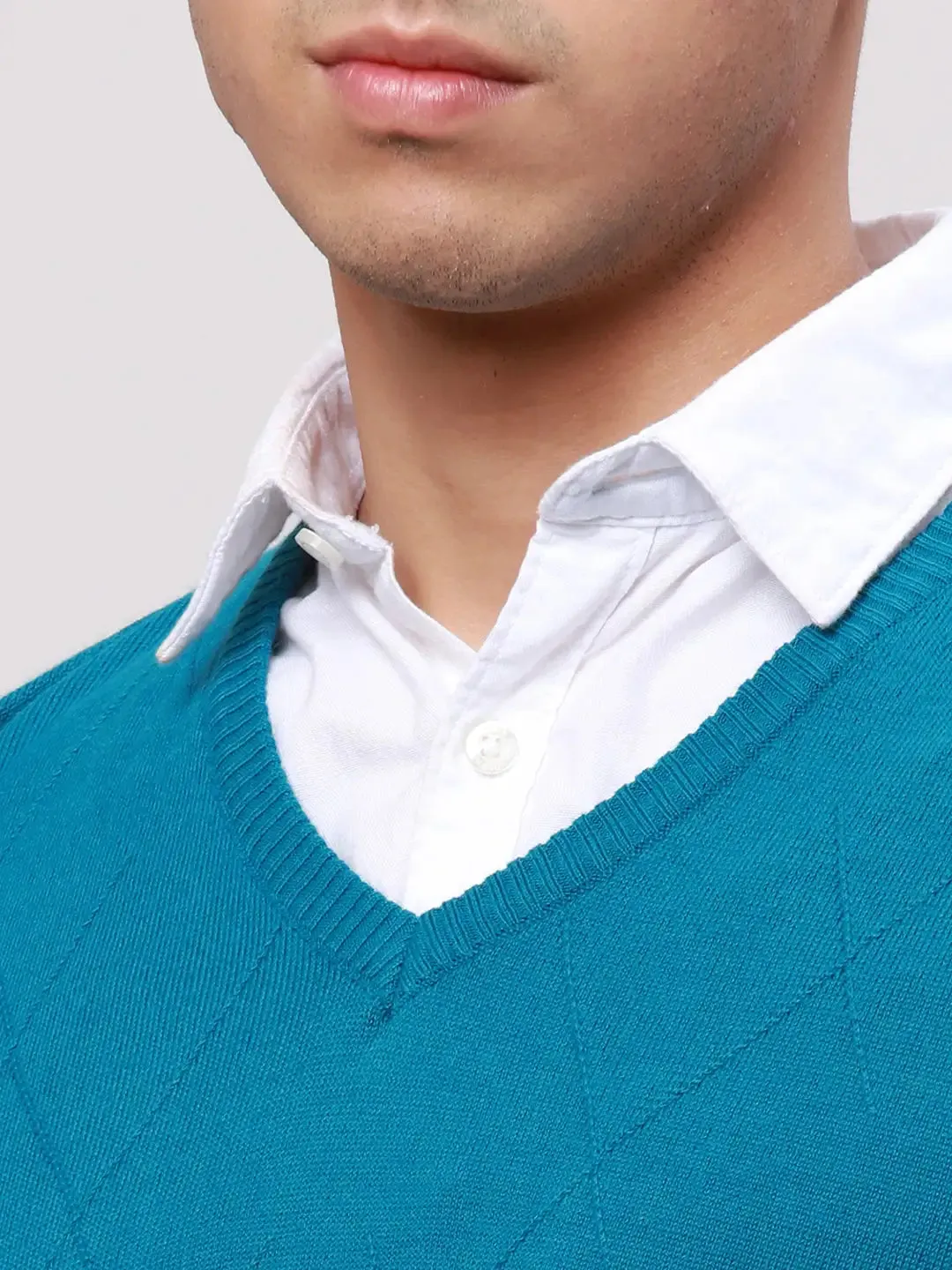 Park Avenue Men Petrol Regular Fit Solid Cotton Full Sleeve V Neck Collar Pullovers