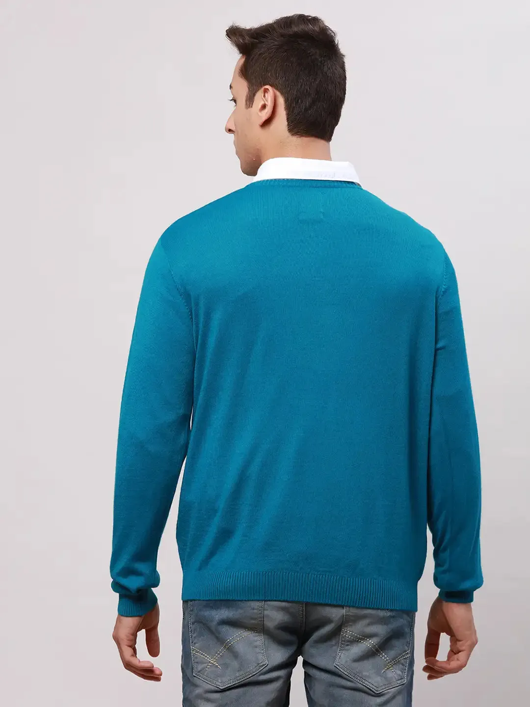 Park Avenue Men Petrol Regular Fit Solid Cotton Full Sleeve V Neck Collar Pullovers