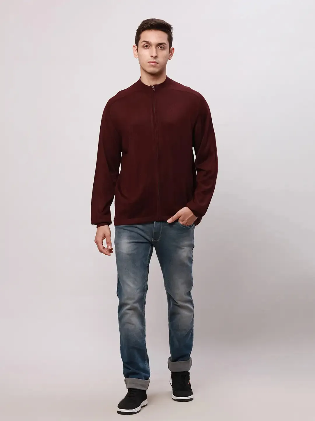 Park Avenue Men Red Regular Fit Solid Cotton Full Sleeve V Neck Collar Pullovers