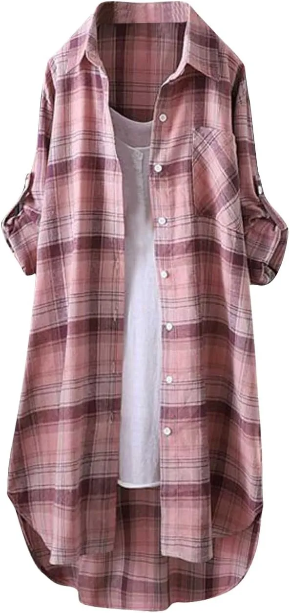 Plaid Shirts for Women 2025 Fashion Oversized Long Button Up Blouses Summer Beach Cover Up