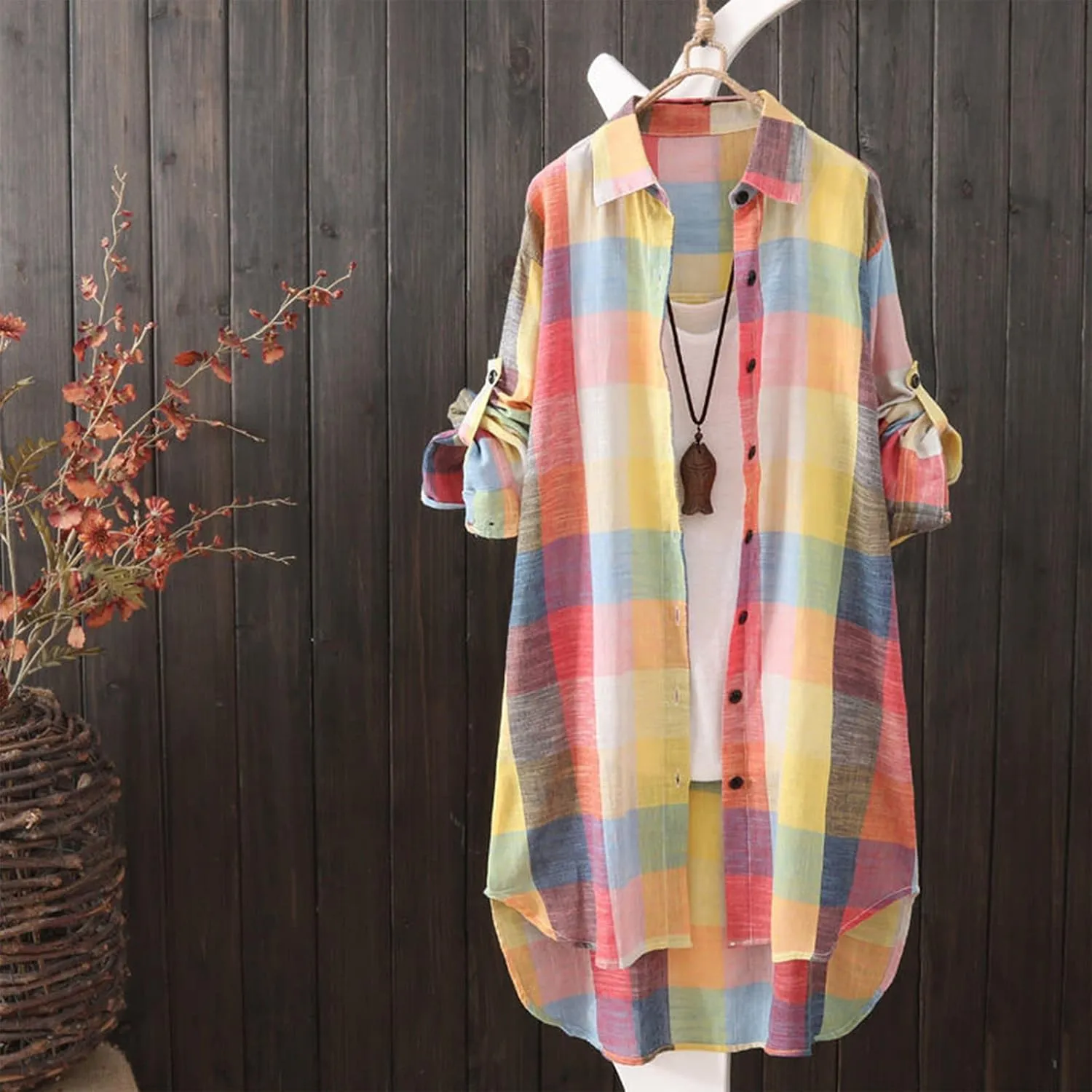 Plaid Shirts for Women 2025 Fashion Oversized Long Button Up Blouses Summer Beach Cover Up