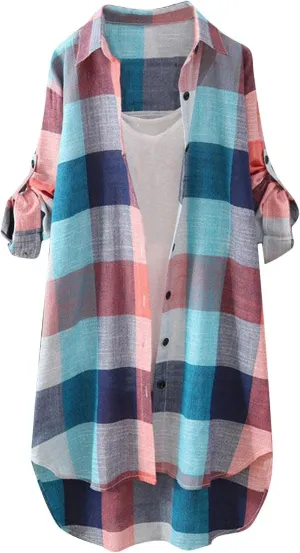 Plaid Shirts for Women 2025 Fashion Oversized Long Button Up Blouses Summer Beach Cover Up
