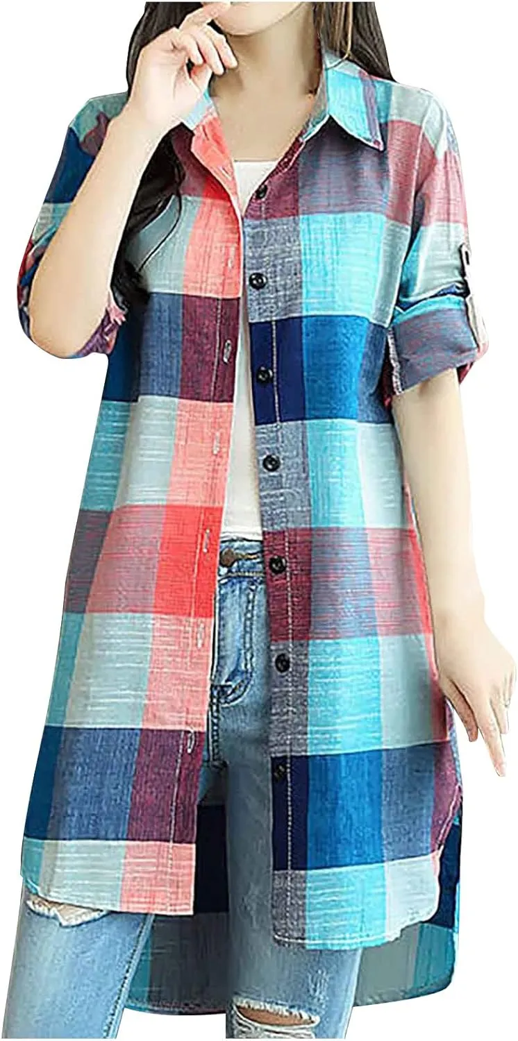 Plaid Shirts for Women 2025 Fashion Oversized Long Button Up Blouses Summer Beach Cover Up