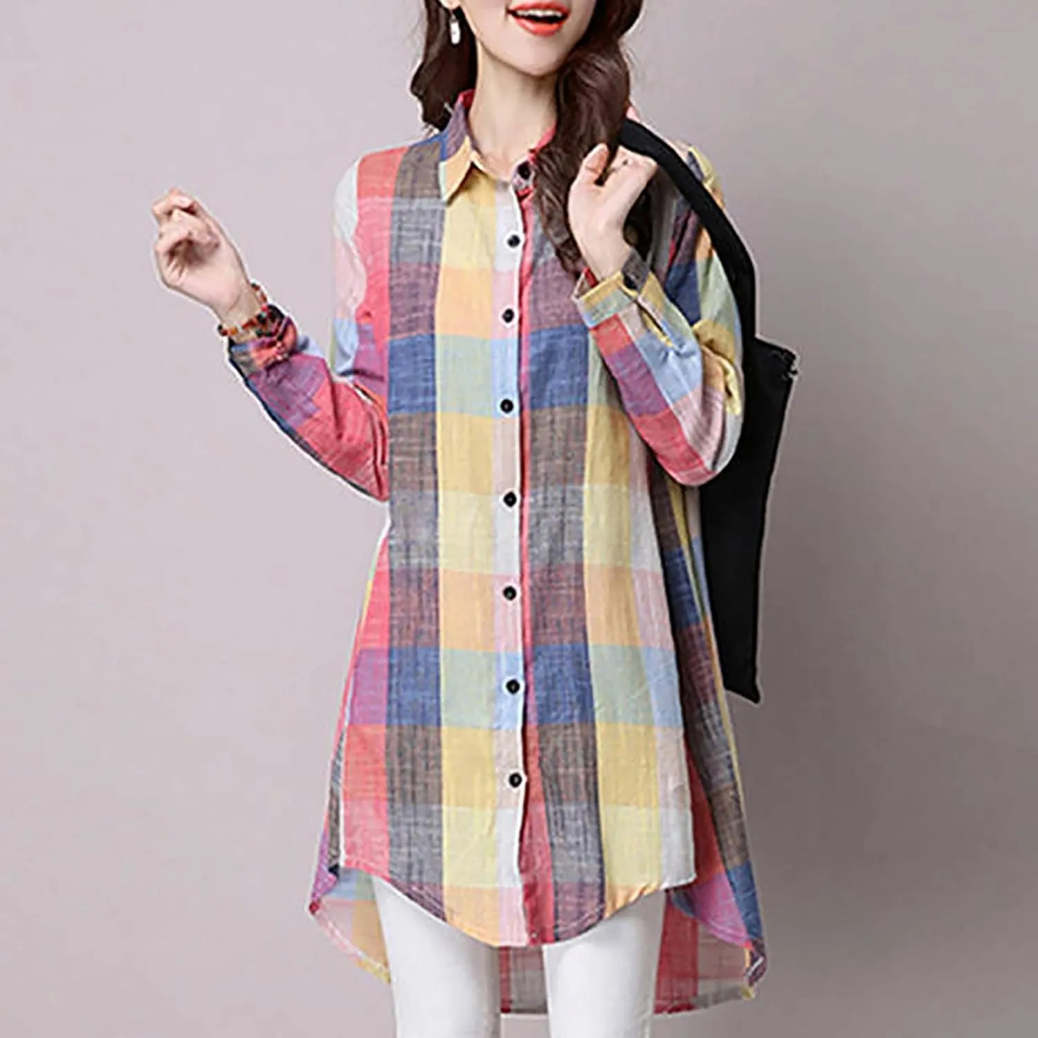 Plaid Shirts for Women 2025 Fashion Oversized Long Button Up Blouses Summer Beach Cover Up