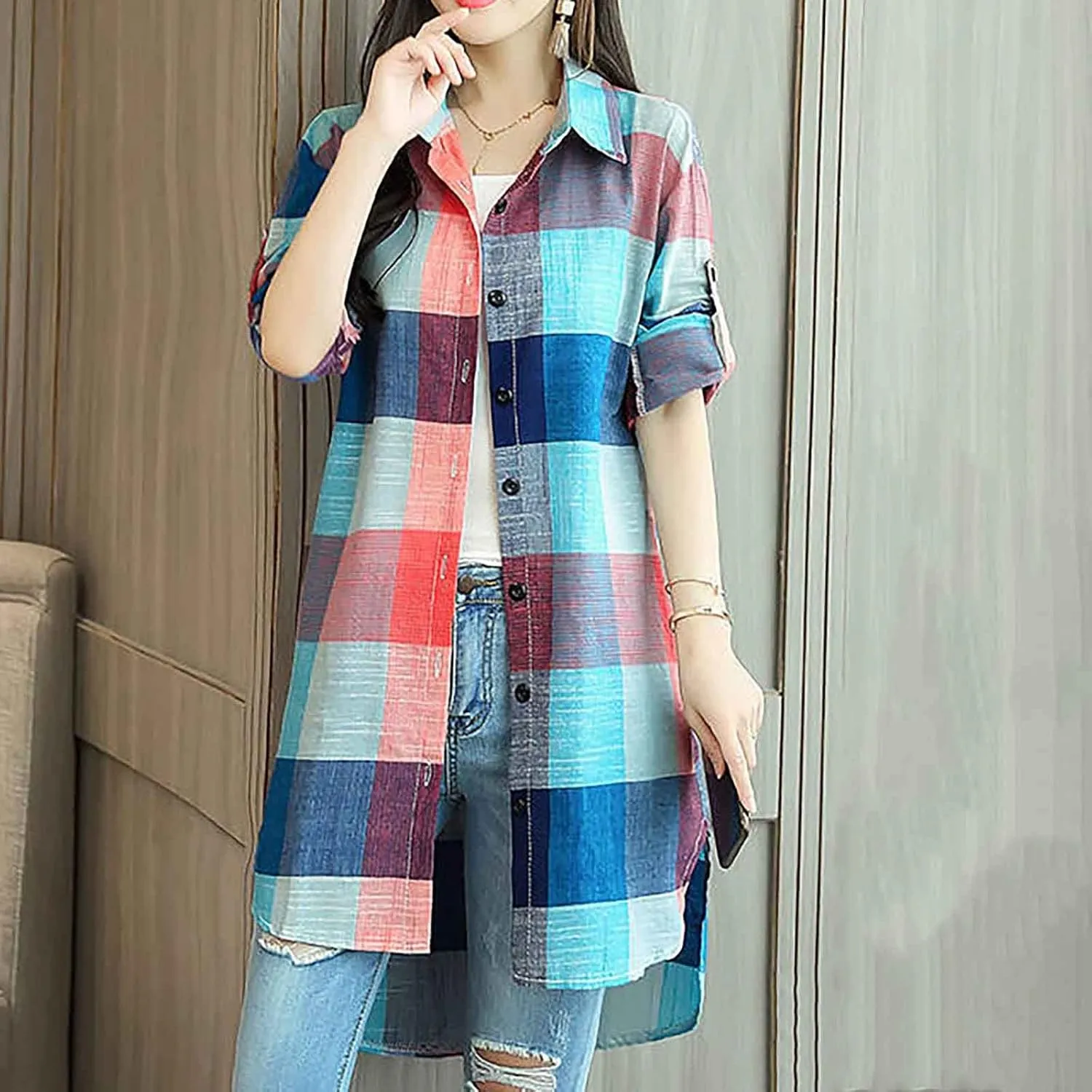 Plaid Shirts for Women 2025 Fashion Oversized Long Button Up Blouses Summer Beach Cover Up