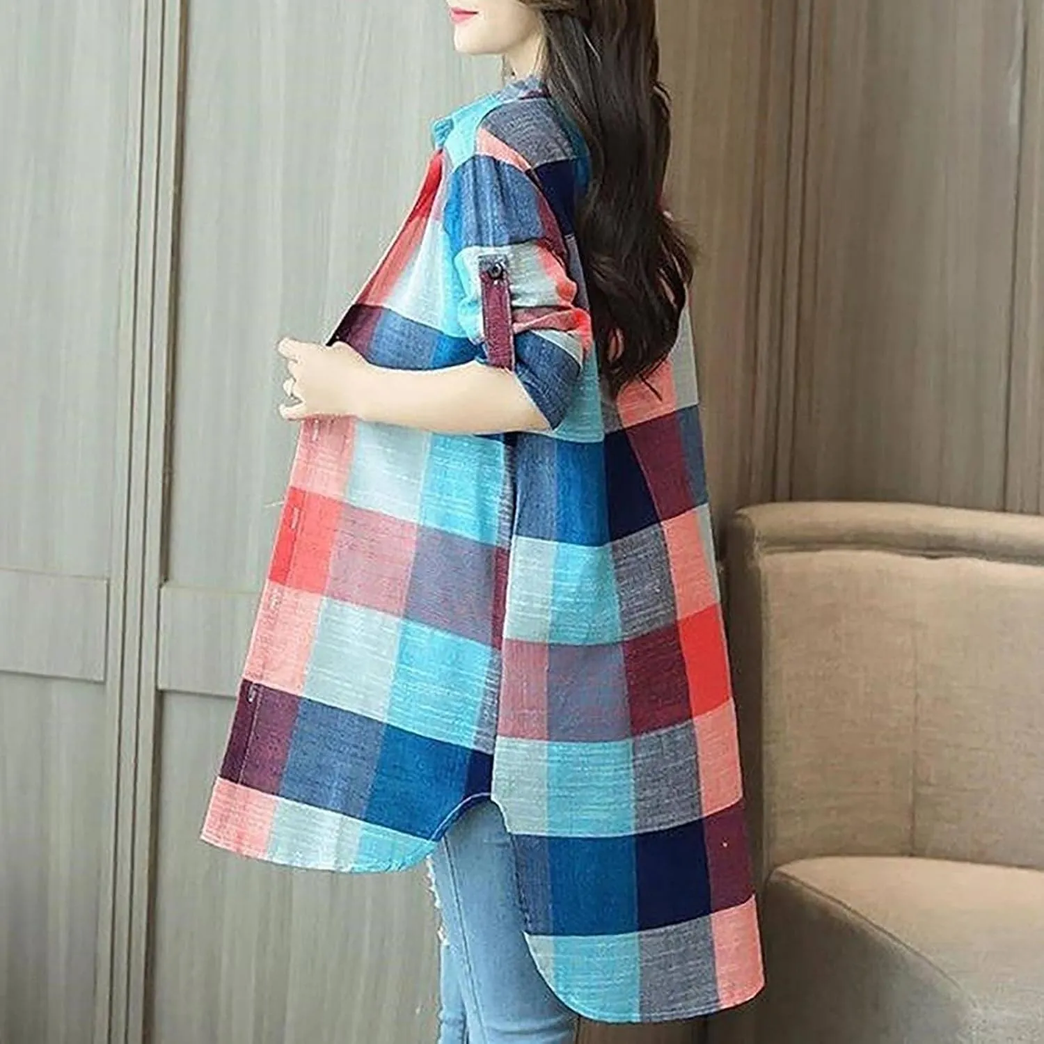 Plaid Shirts for Women 2025 Fashion Oversized Long Button Up Blouses Summer Beach Cover Up