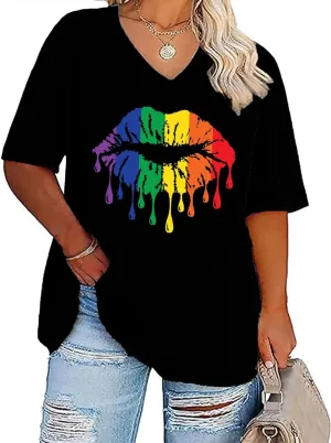 Plus Size Gay Pride T-Shirt Women LGBT Rainbow Graphic Tee Blouse Casual Loose Short Sleeve V-Neck Tunic Tops