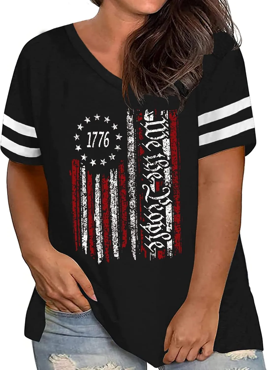 Plus Size Tops American Flag Shirts Womens V Neck Patriotic Tshirt USA Graphic Tee 4th of July T-Shirt