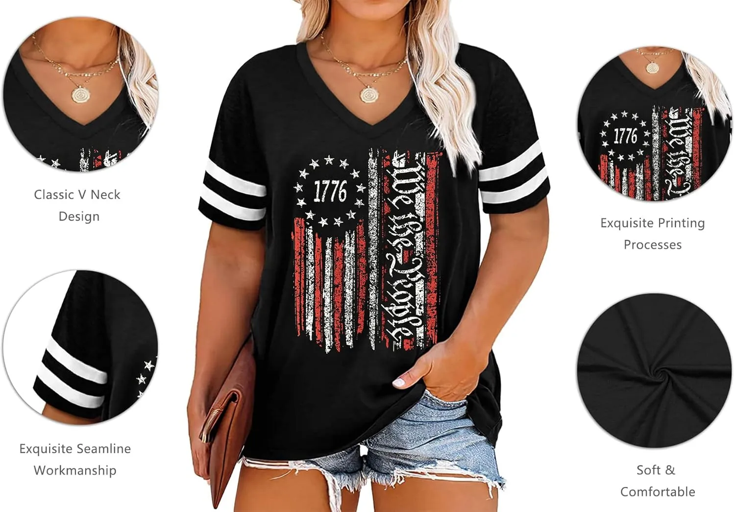 Plus Size Tops American Flag Shirts Womens V Neck Patriotic Tshirt USA Graphic Tee 4th of July T-Shirt