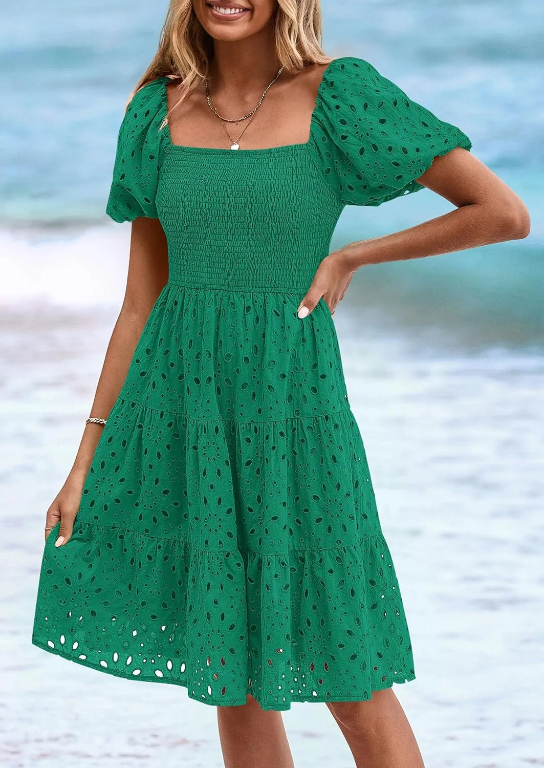PRETTYGARDEN Womens Summer Puff Sleeve Mini Dress Off Shoulder Eyelet Smocked A Line Casual Babydoll Short Dresses