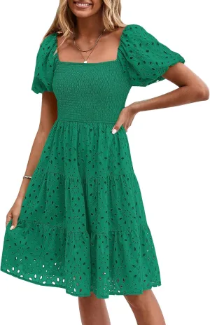 PRETTYGARDEN Womens Summer Puff Sleeve Mini Dress Off Shoulder Eyelet Smocked A Line Casual Babydoll Short Dresses