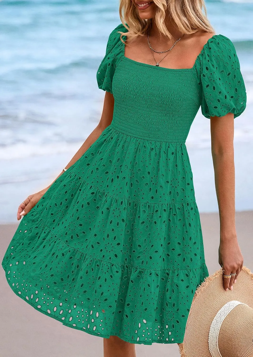 PRETTYGARDEN Womens Summer Puff Sleeve Mini Dress Off Shoulder Eyelet Smocked A Line Casual Babydoll Short Dresses