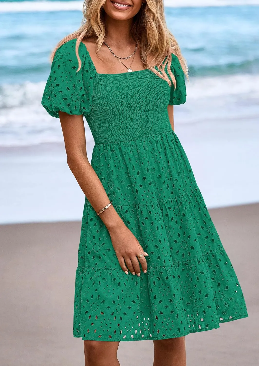 PRETTYGARDEN Womens Summer Puff Sleeve Mini Dress Off Shoulder Eyelet Smocked A Line Casual Babydoll Short Dresses