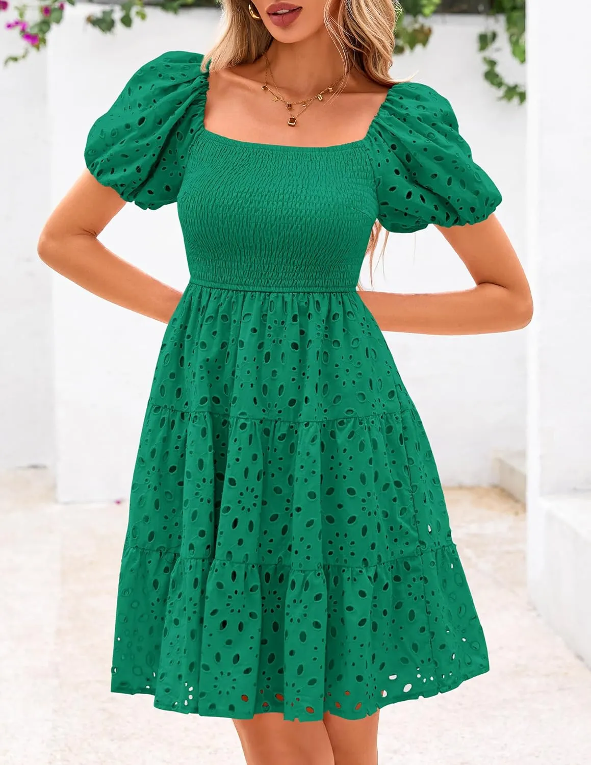 PRETTYGARDEN Womens Summer Puff Sleeve Mini Dress Off Shoulder Eyelet Smocked A Line Casual Babydoll Short Dresses