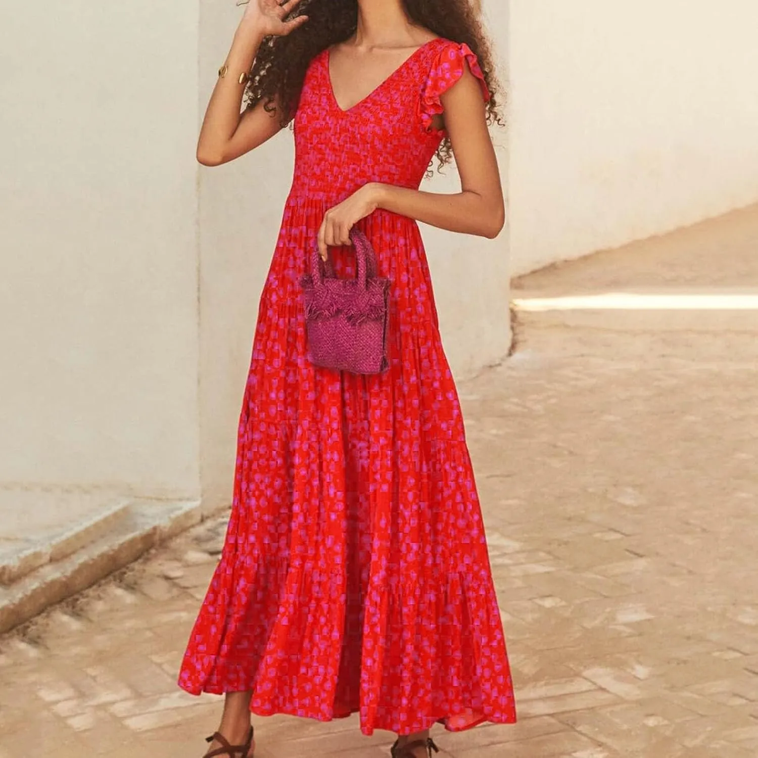 PTOLOCIF Flowy Dresses for Women, 2024 Summer Casual Boho Dresses Flutter Short Sleeve Crewneck Loose Tiered Beach Maxi Dress