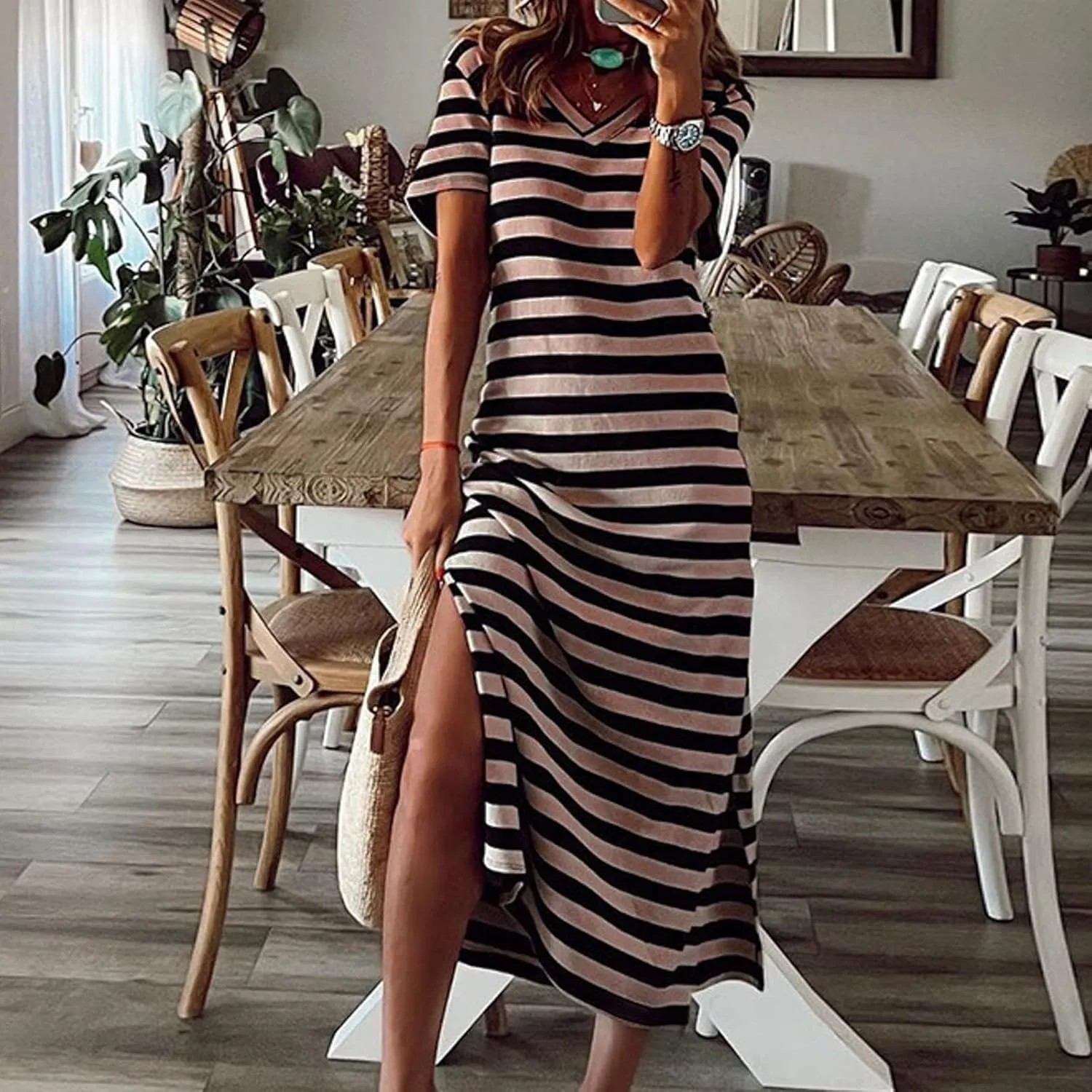 PTOLOCIF Summer Dress for Womens Fashion Short Sleeve Maxi Dress Casual Striped T Shirt Dress Long Color Block Maxi Dress