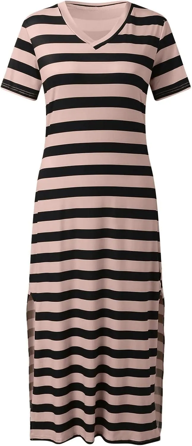 PTOLOCIF Summer Dress for Womens Fashion Short Sleeve Maxi Dress Casual Striped T Shirt Dress Long Color Block Maxi Dress