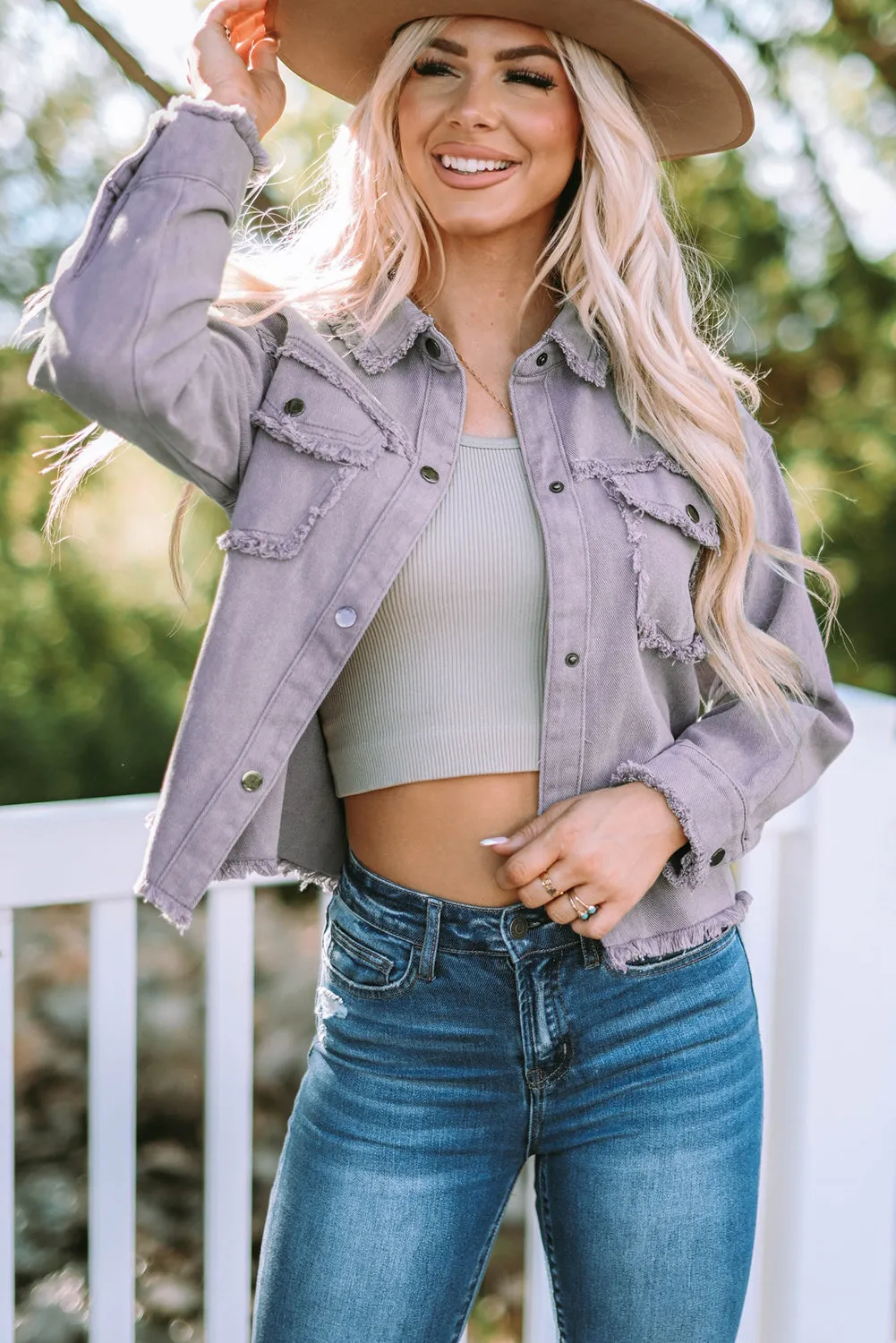 Purple Distressed Flap Pockets Denim Jacket