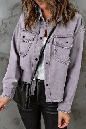 Purple Distressed Flap Pockets Denim Jacket