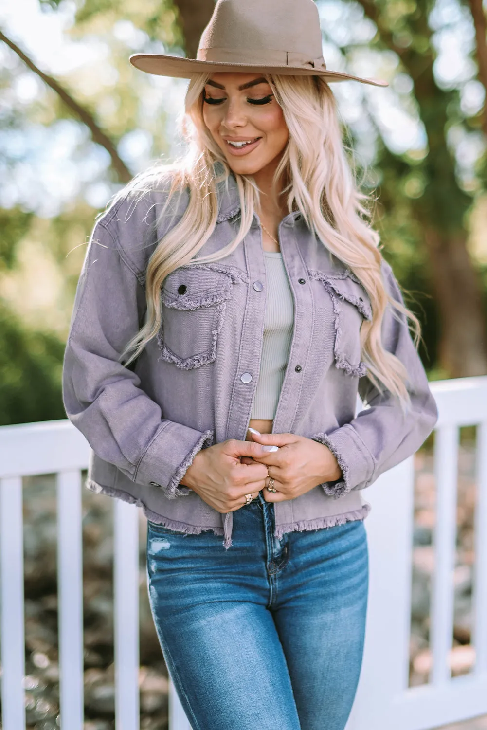 Purple Distressed Flap Pockets Denim Jacket