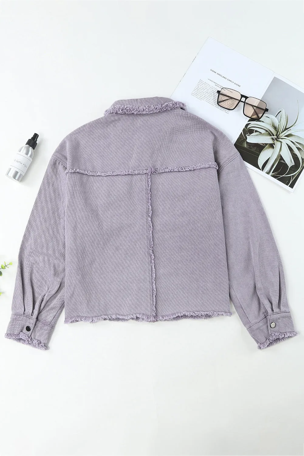 Purple Distressed Flap Pockets Denim Jacket