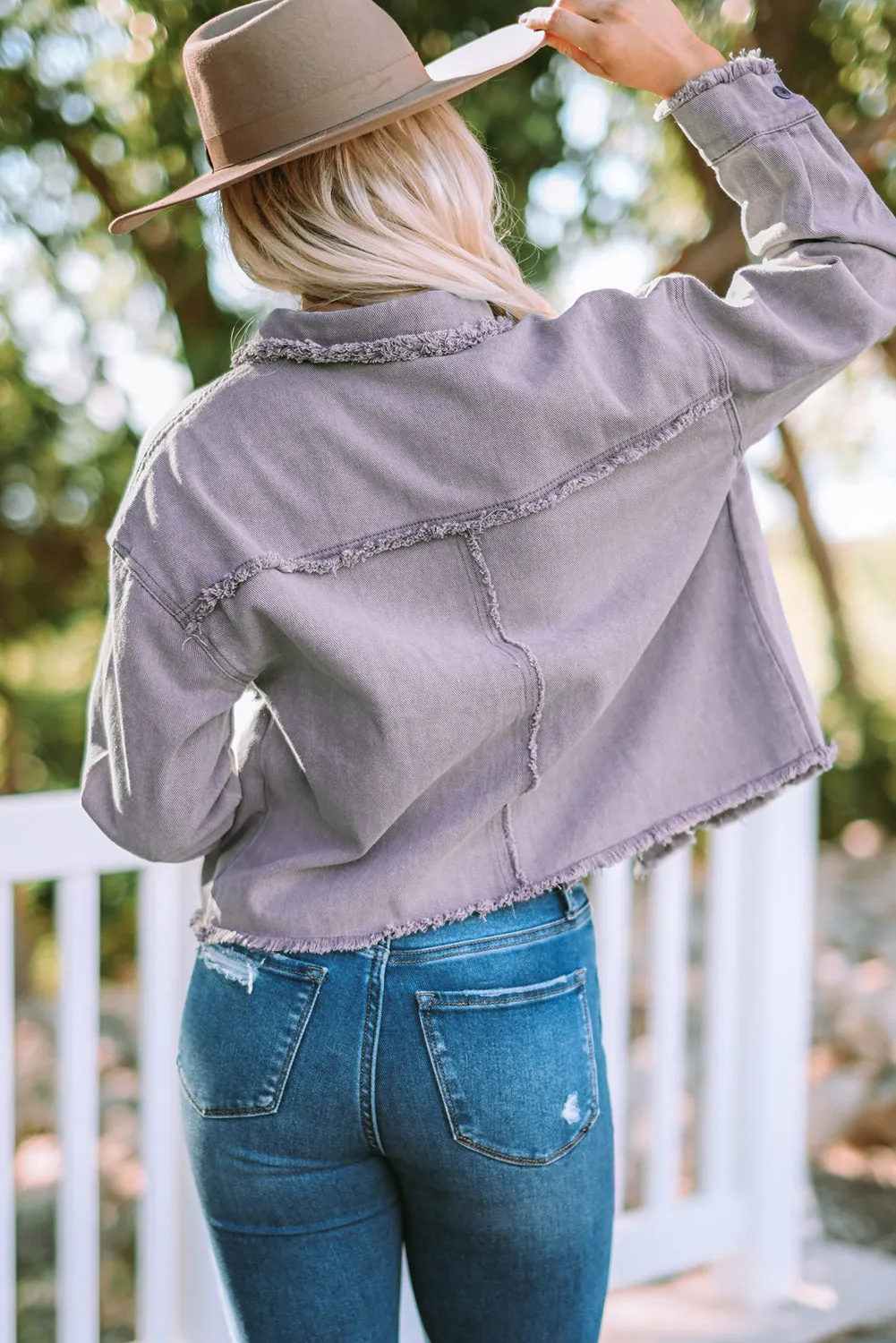 Purple Distressed Flap Pockets Denim Jacket