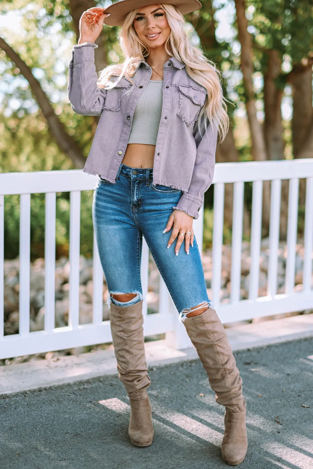 Purple Distressed Flap Pockets Denim Jacket