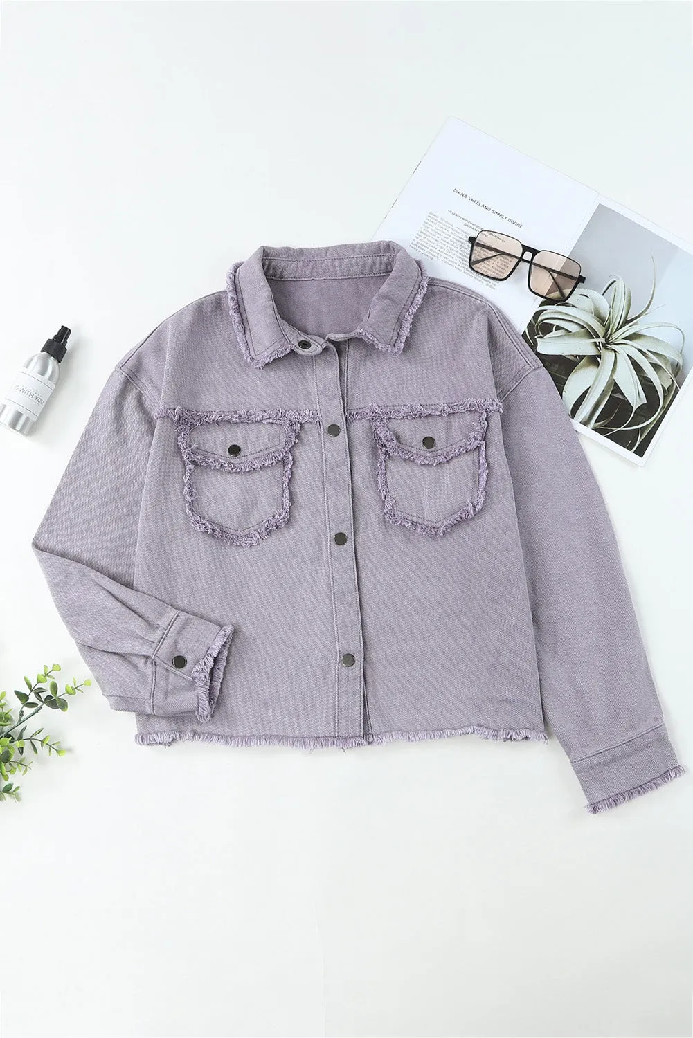 Purple Distressed Flap Pockets Denim Jacket