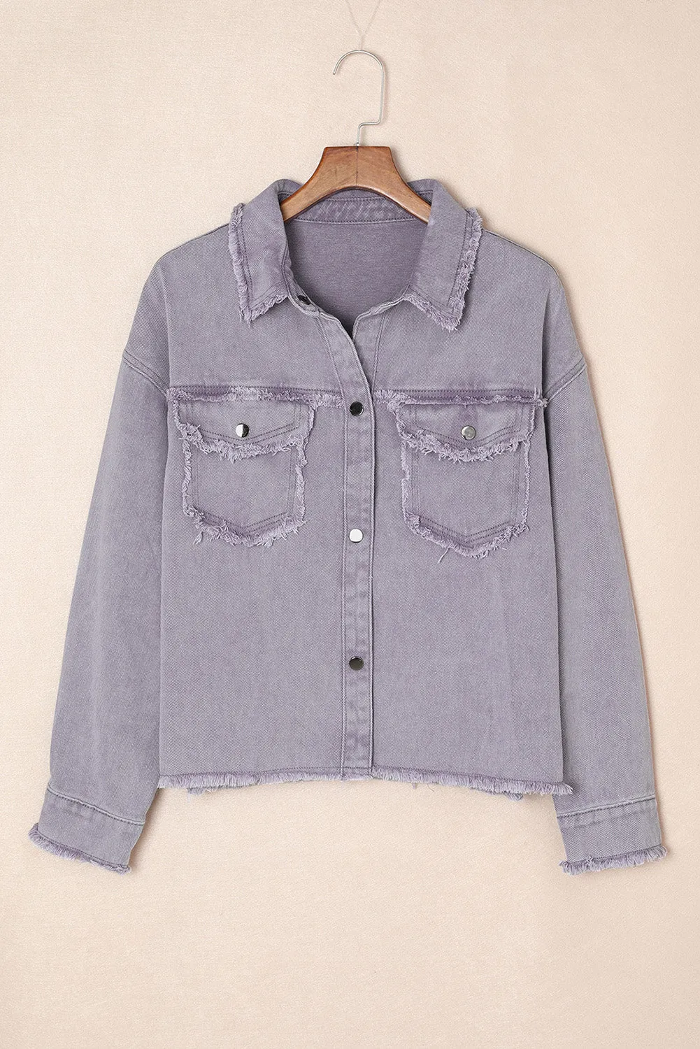 Purple Distressed Flap Pockets Denim Jacket